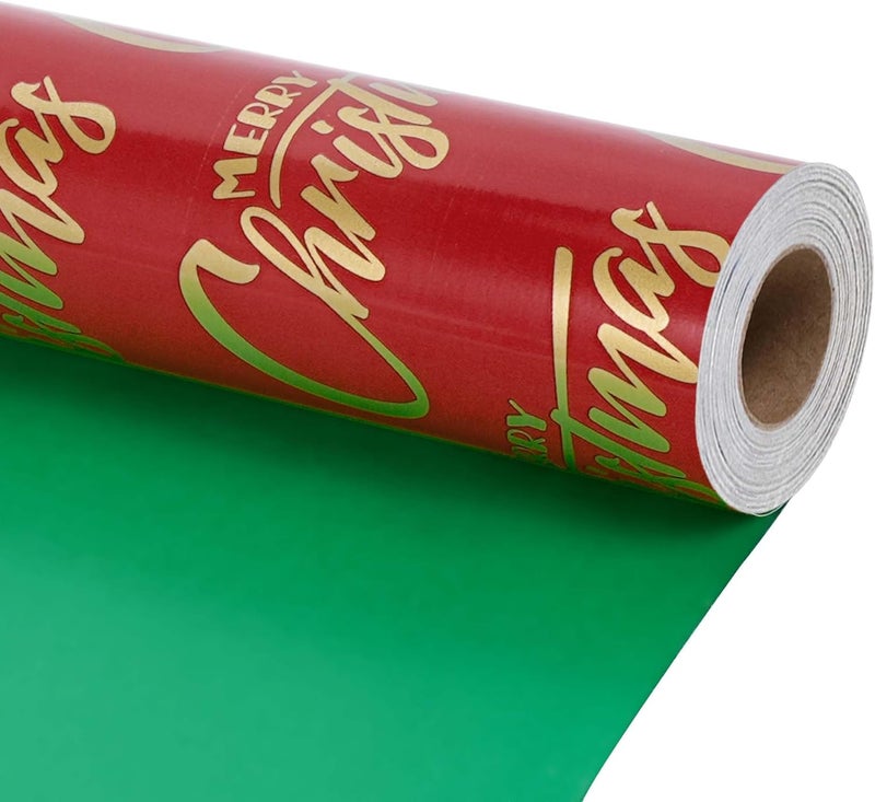 LaRibbons Reversible Christmas Foil Wrapping Paper Roll, Red with Gold “Merry Christmas” & Green Pattern, Holiday Gift Wrap for Xmas Presents, Party & Decoration, 17 Inch × 33 Feet - Image 1